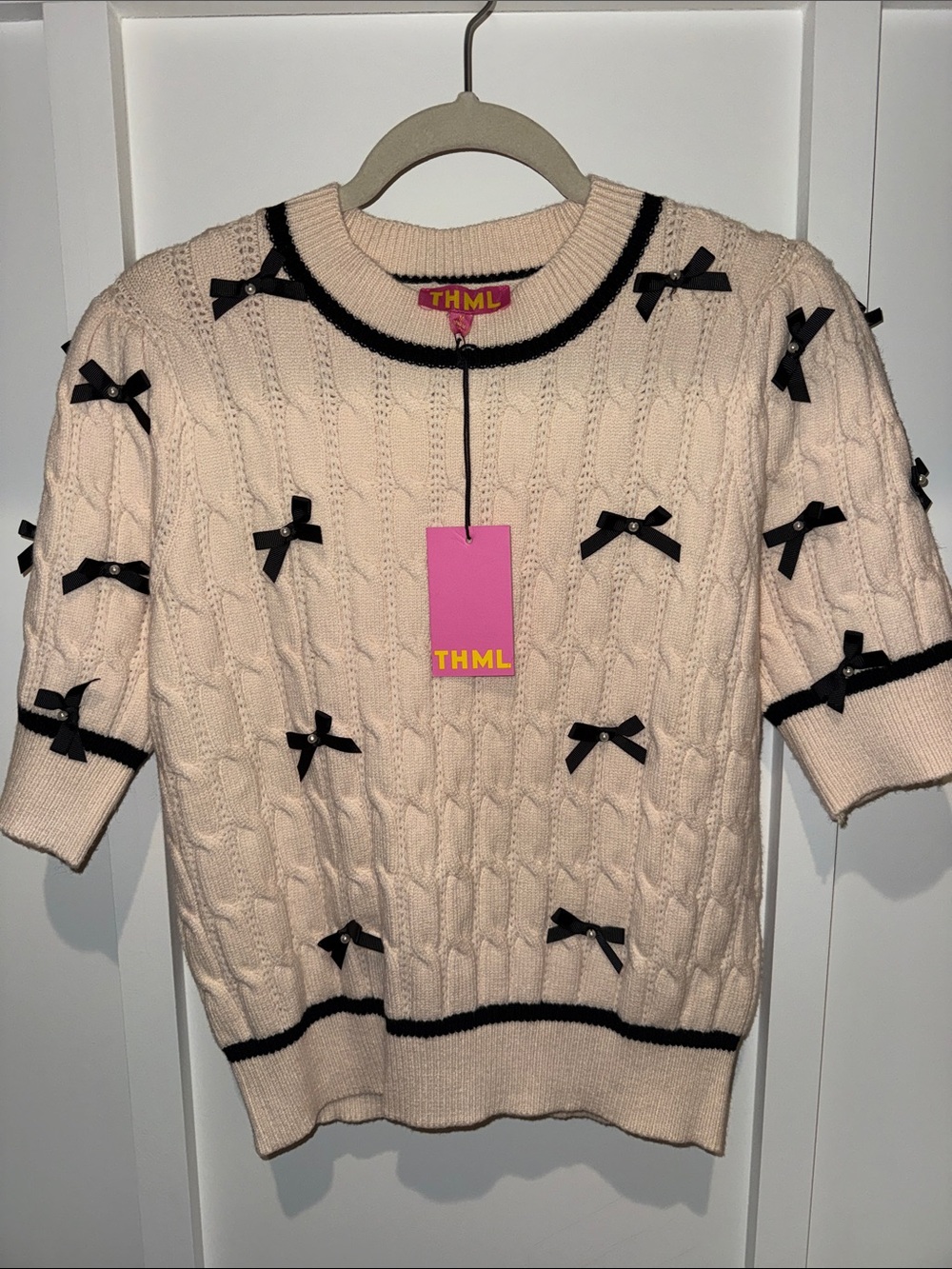 THML Cream Cable-Knit Short Sleeve Sweater with Black Bow/Pearl Accents